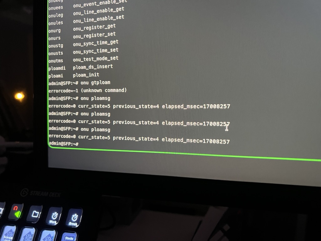 Success! The ONT reports a connection (curr_state=5).